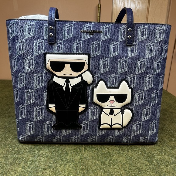 Karl Lagerfeld Handbags - Karl Lagerfeld Paris Choupette Cat Maybelle Tote Bag Purse Blue Geometric NWT